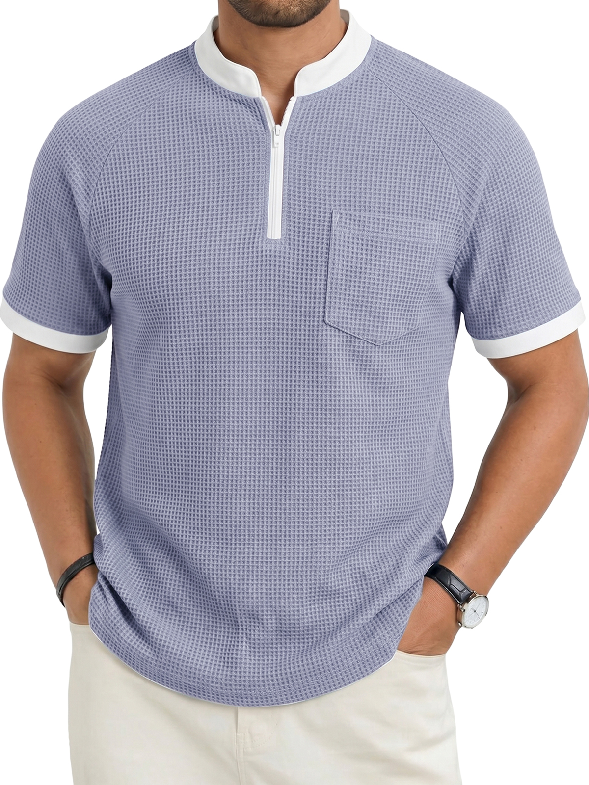 Men's Fashion Casual Stand Collar Zipper Waffle Fabric Pocket Short-Sleeve Top