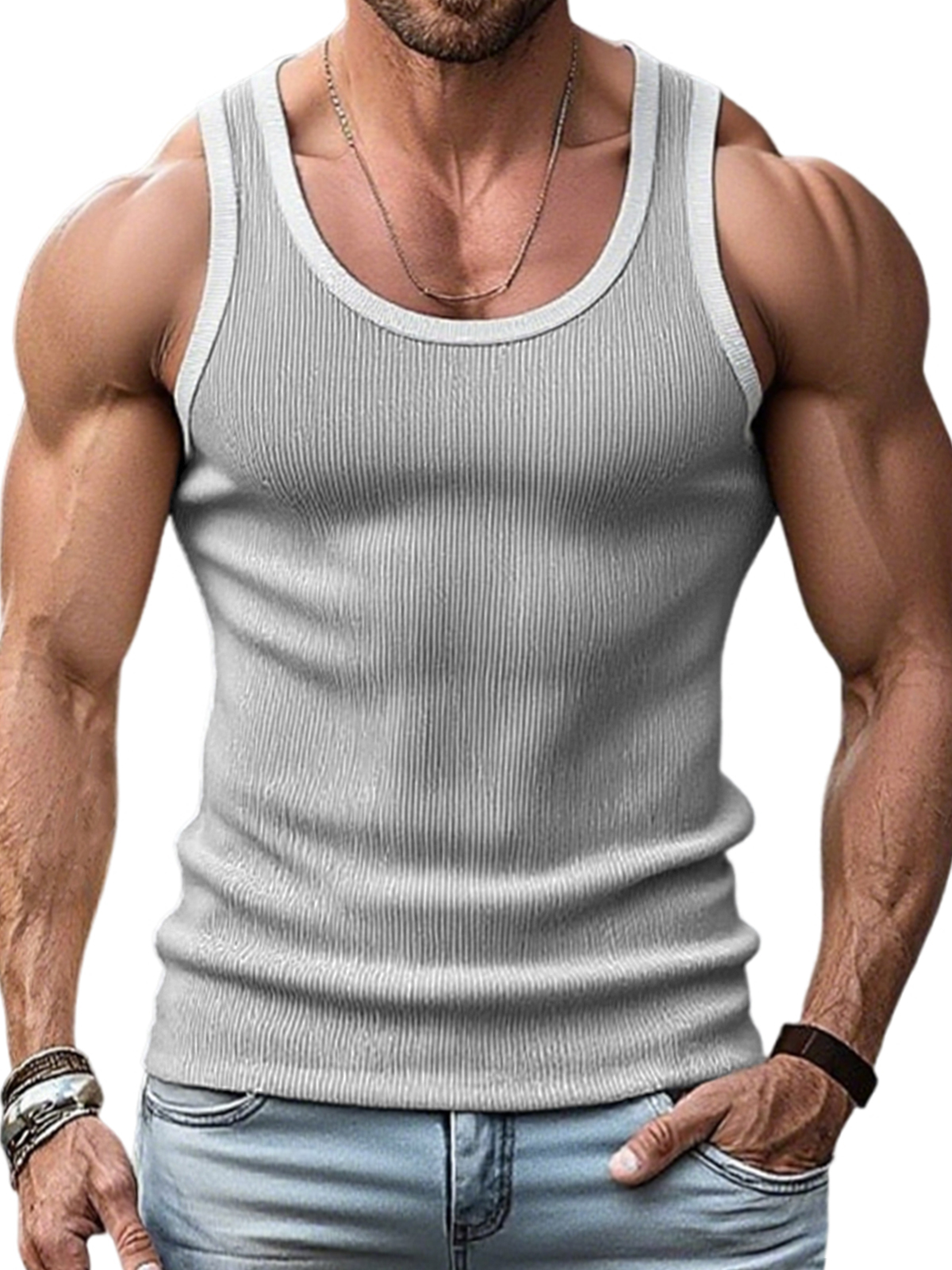Men's Stylish Ribbed Contrast Color Sleeveless Sports Fitness Vest