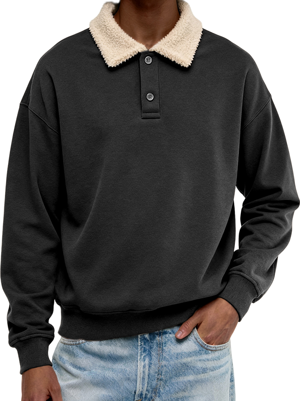 Men's Casual Sherpa Patchwork Collar Christmas Button-down Polo Shirt