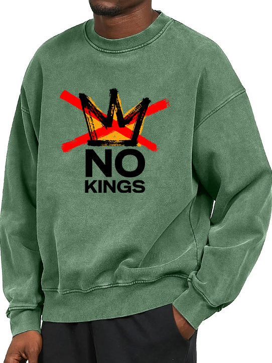 Men's Washed And Distressed Vintage No Kings Print Crewneck Sweatshirt