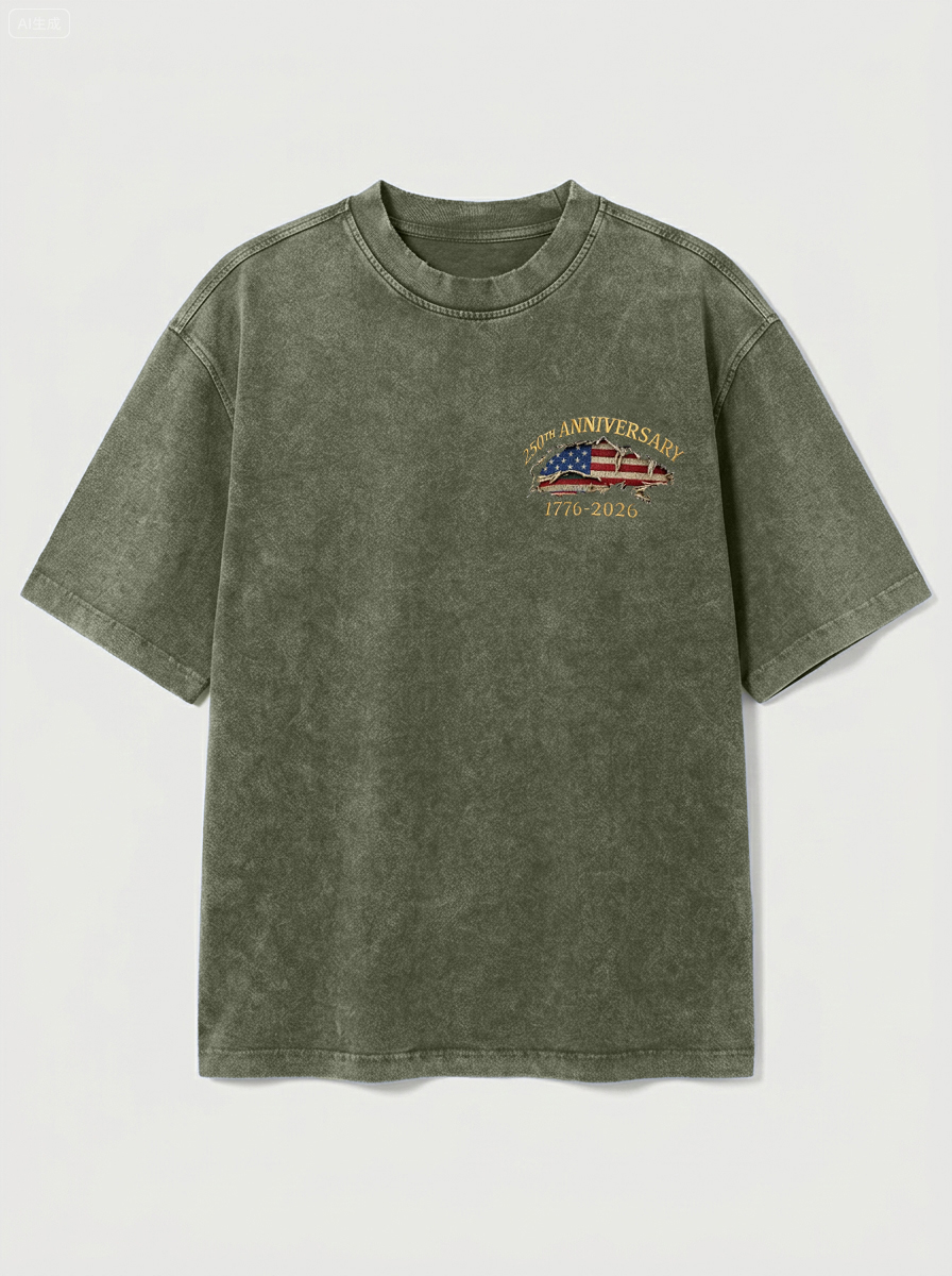 100% Cotton Vintage Washed & Distressed USA 250th Anniversary Crew Neck Short-Sleeve T-Shirt