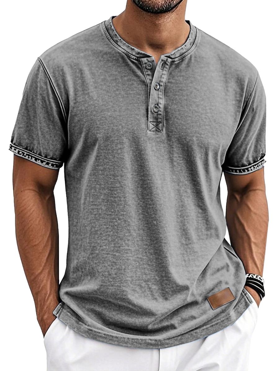 Men's Vintage Washed Retro Casual Short Sleeve Henley Shirt with Leather Logo Patch