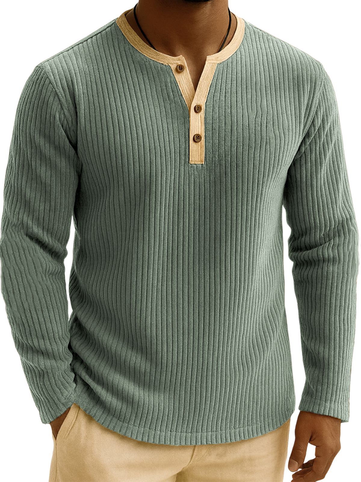 Men's Stylish Corduroy Ribbed Color-Block Henley Shirt