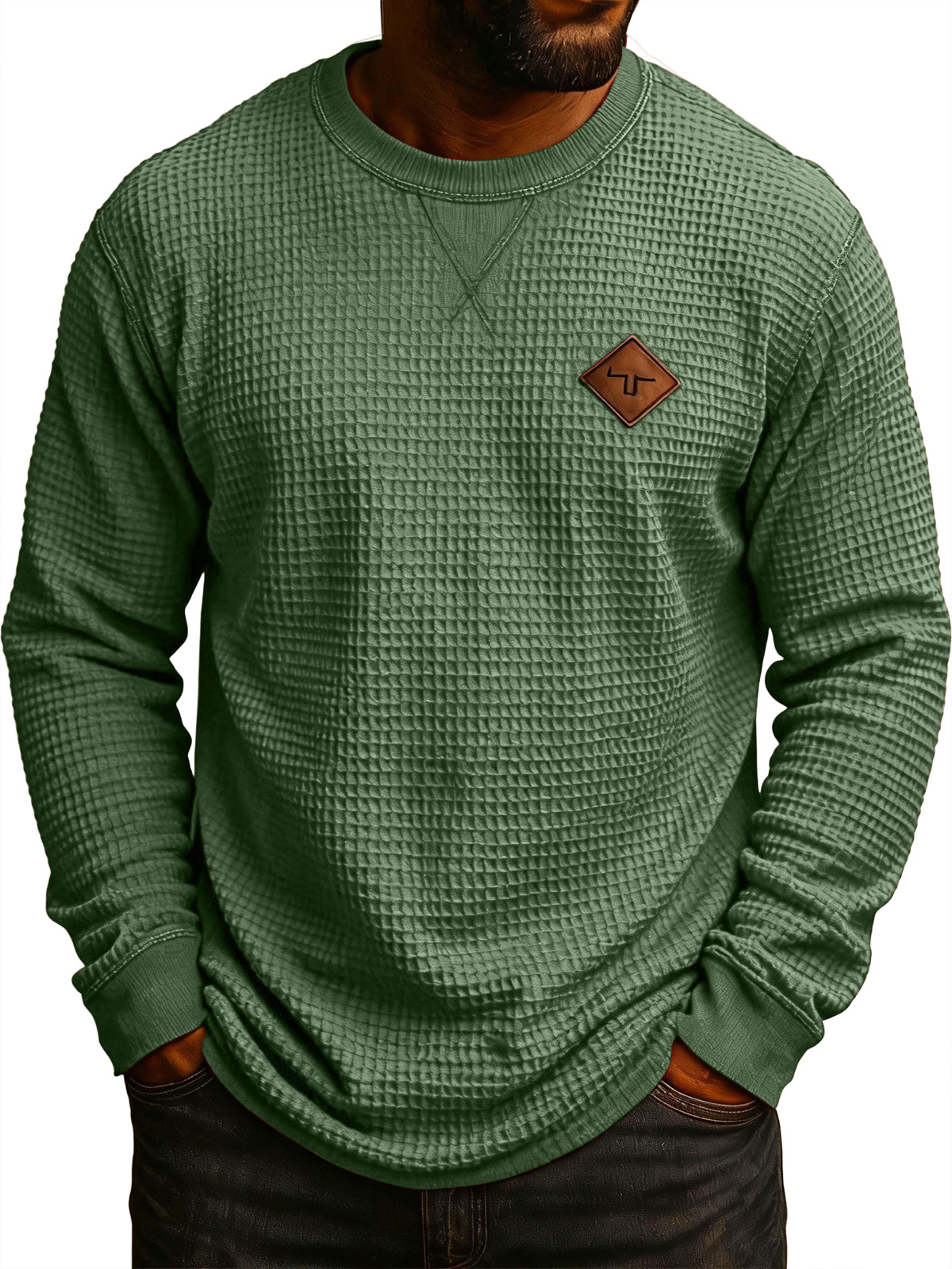 Men's Vintage Workwear Waffle Knit Embroidered Logo Crew Neck Long-Sleeve T-Shirt
