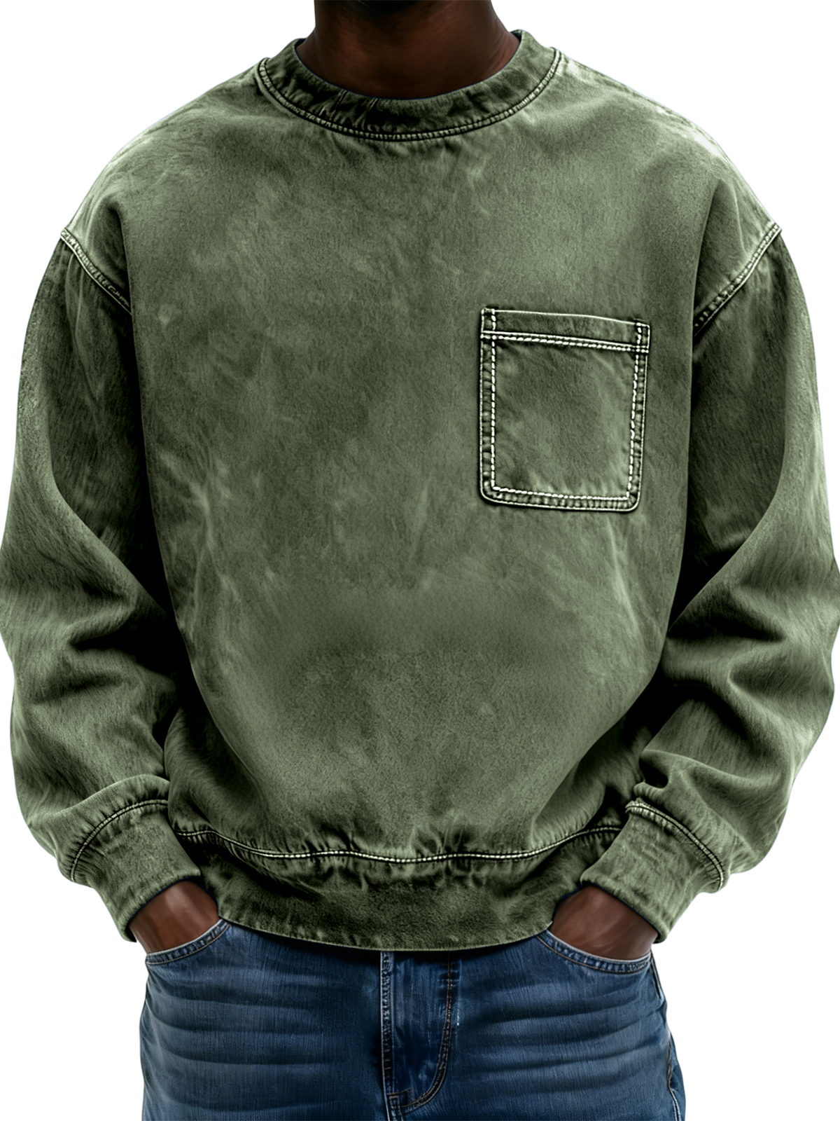 Men's Vintage Distressed Crew Neck Long-sleeved Top with Pockets