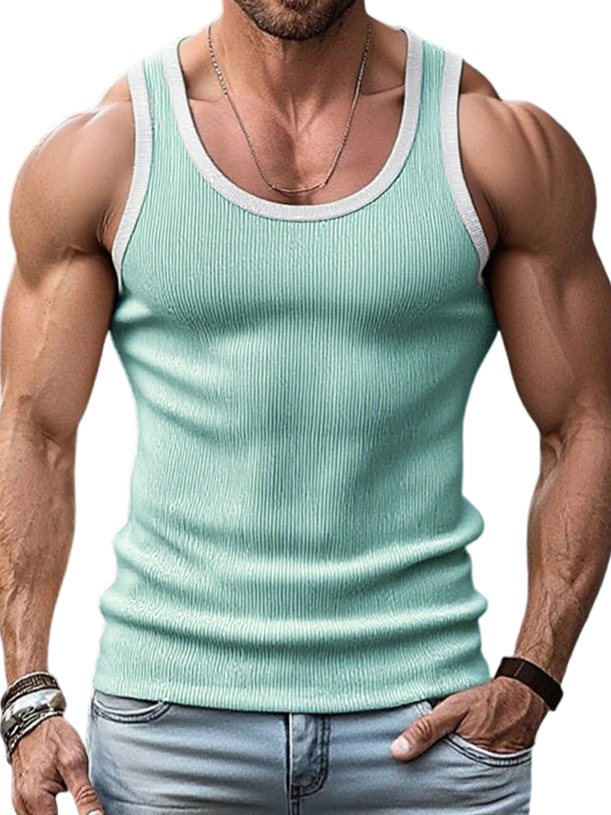 Men's Stylish Ribbed Contrast Color Sleeveless Sports Fitness Vest