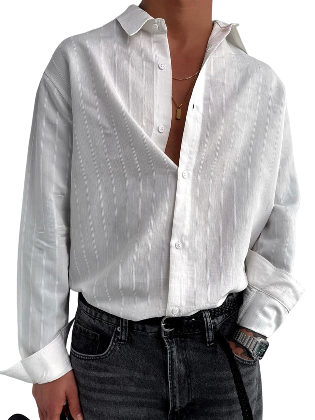 Men's Stylish Striped Textured Casual Long Sleeve Shirt