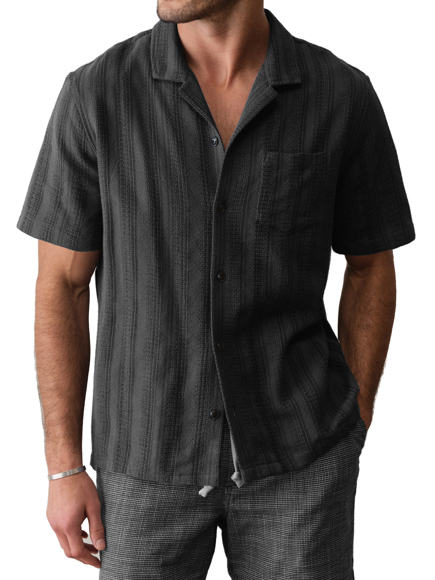 Men's Casual Breathable Comfortable Textured Jacquard Cuban Collar Shirt