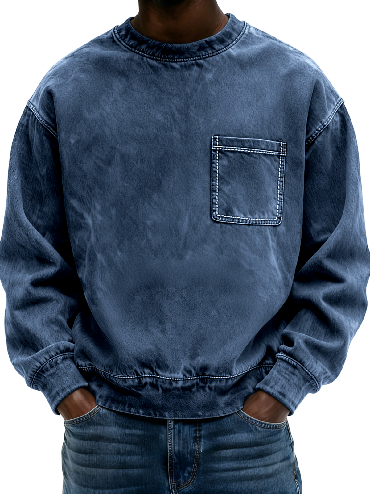 Men's Vintage Distressed Crew Neck Long-sleeved Top with Pockets