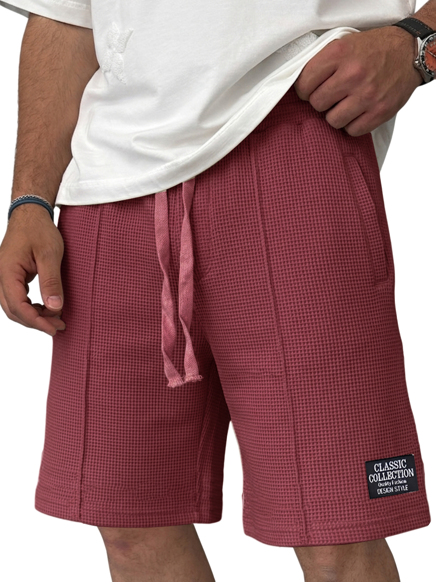 Men's Waffle Knit Casual Drawstring Elastic Waist Embroidered Logo Shorts