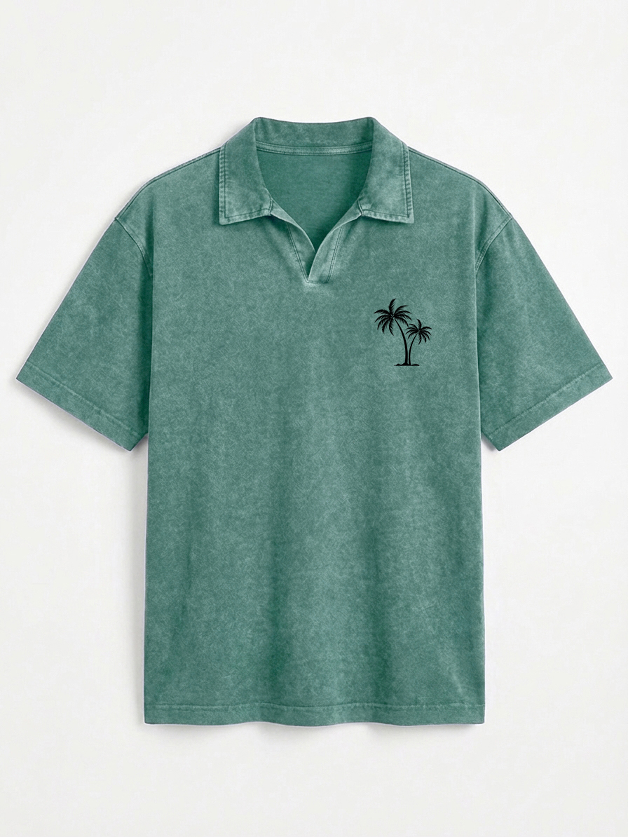 Men's Vintage Distressed Palm Tree Print Seagull Collar Short-Sleeve Polo Shirt