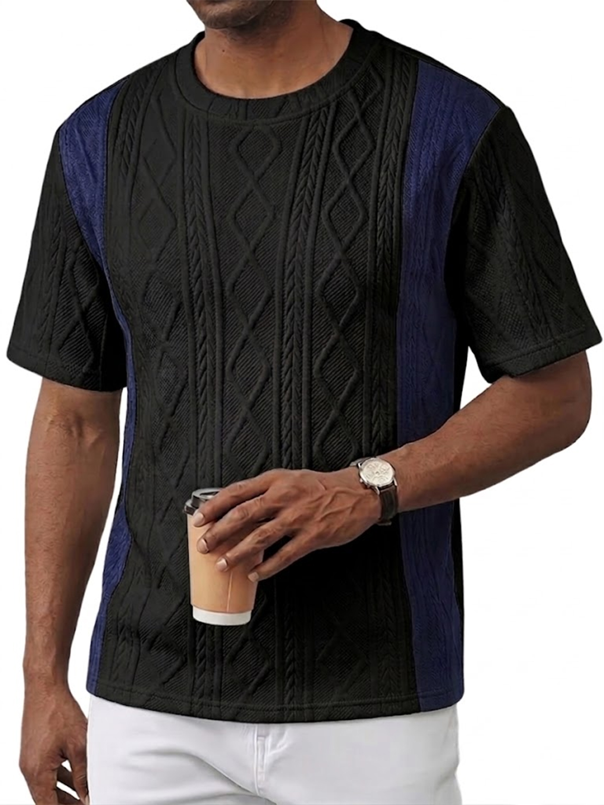 Men's Color Block Jacquard Textured Pullover Crew Neck T-Shirt
