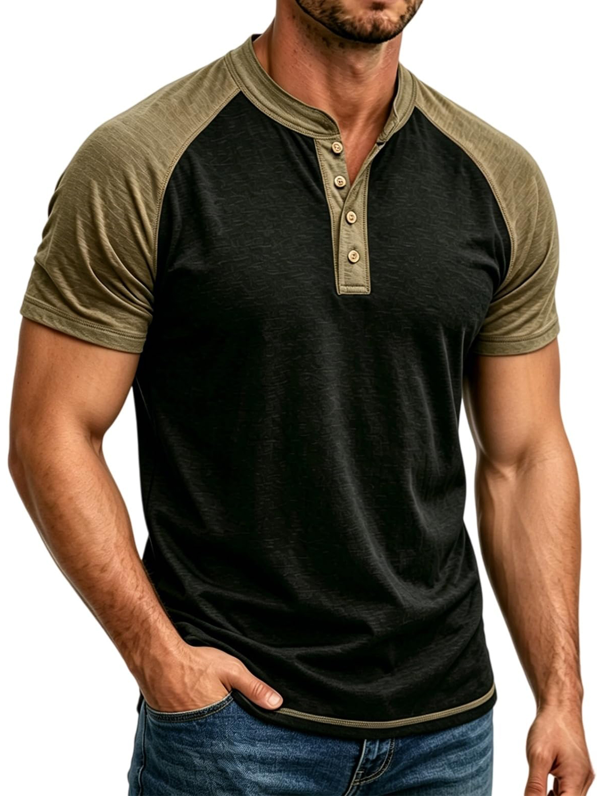 Men's Fashionable Casual Versatile Color-blocked Raglan Sleeve Henley Shirt