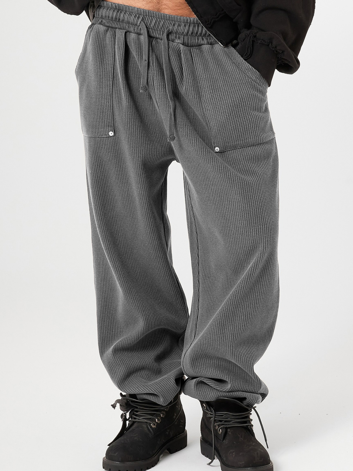 Men's Stylish Waffle-Knit Patchwork Design Baggy Pants