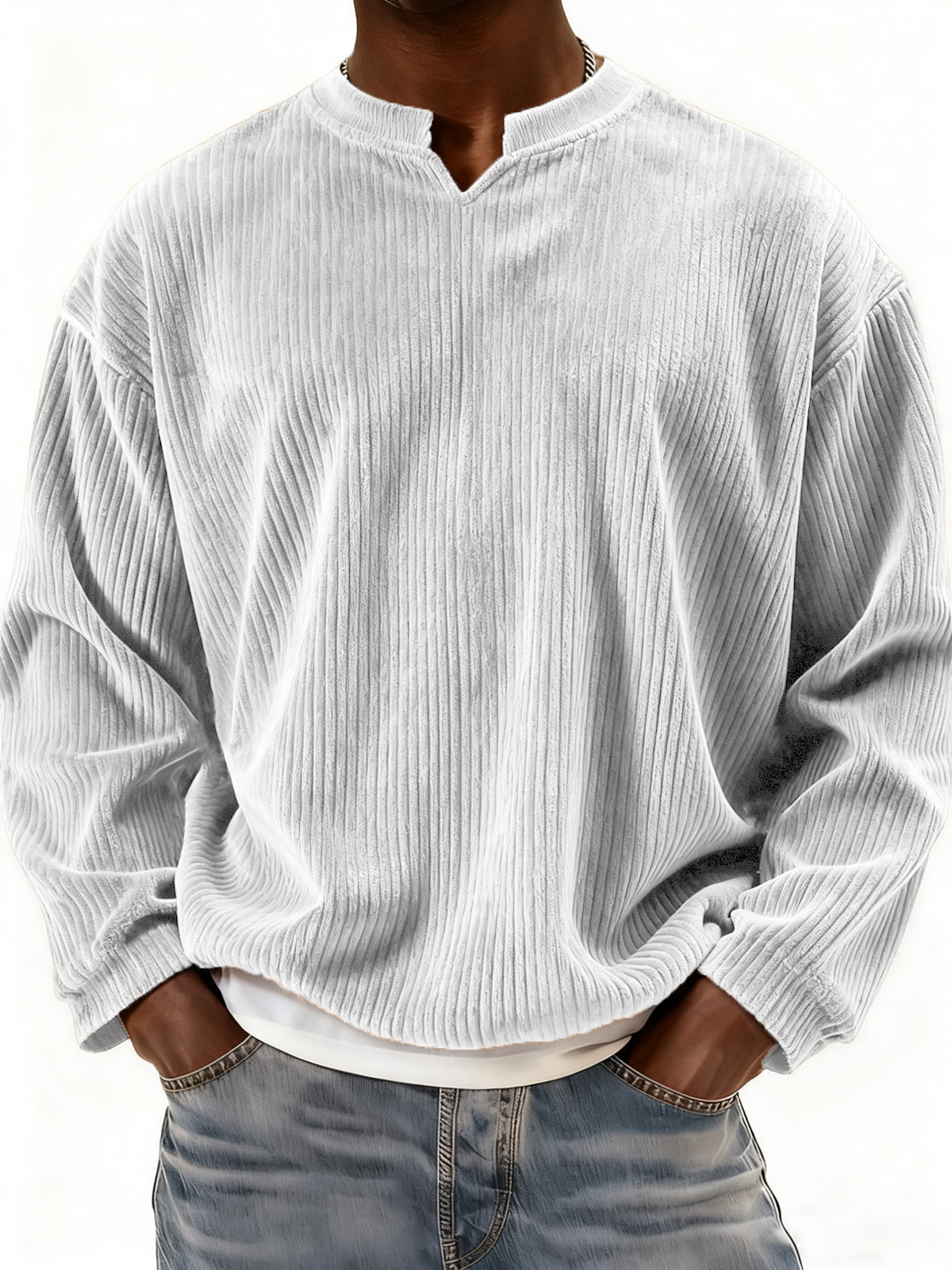 Men's V-neck Notch Neck Stylish Corduroy Long-sleeved Pullover