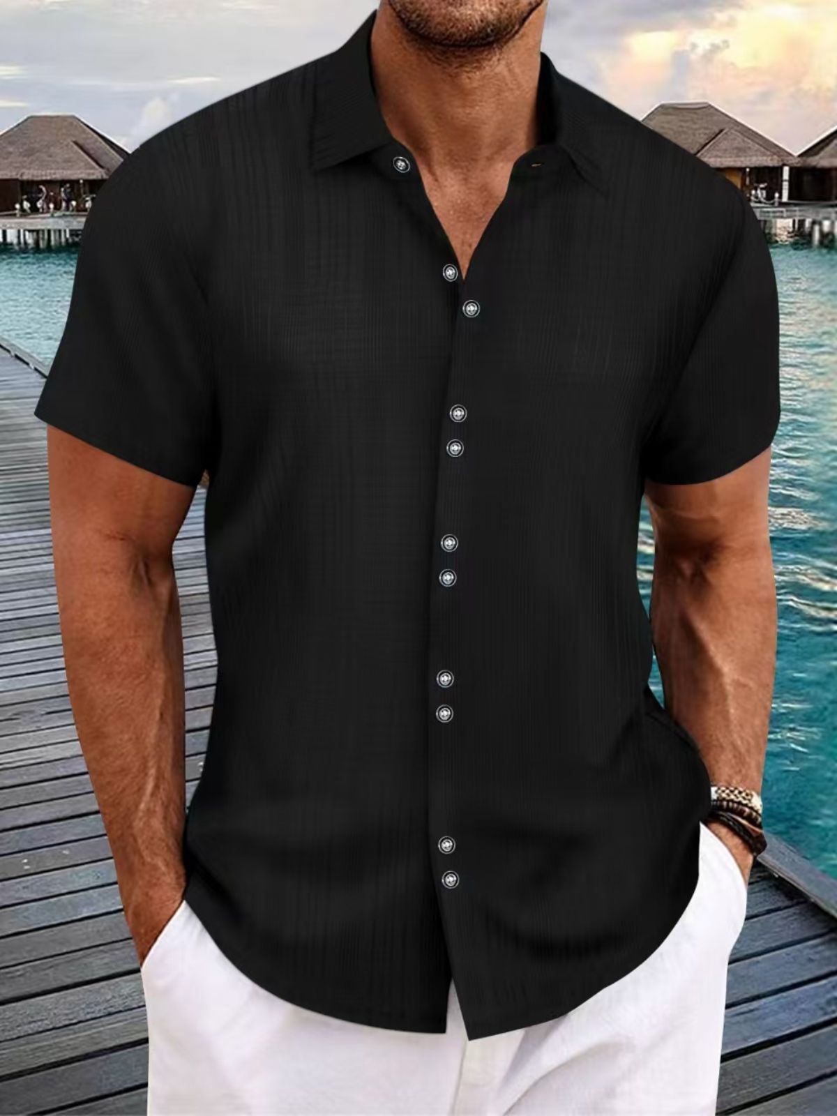 Men's Slubbed Linen Texture Beach Casual Multi-Button Loose Short Sleeve Shirt