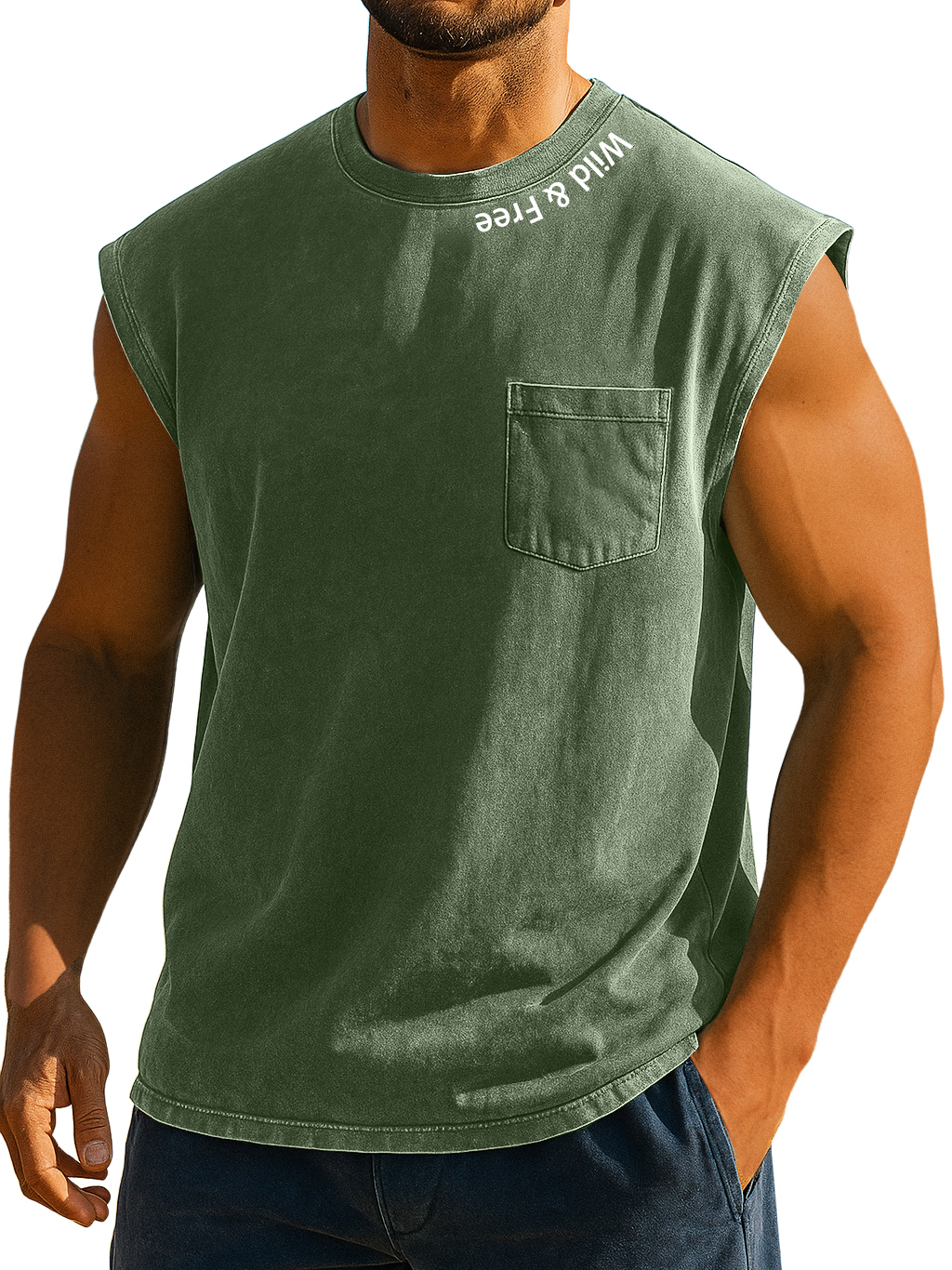 Men's Stylish Retro Distressed Pocket Wild And Liberty Print Sleeveless Top