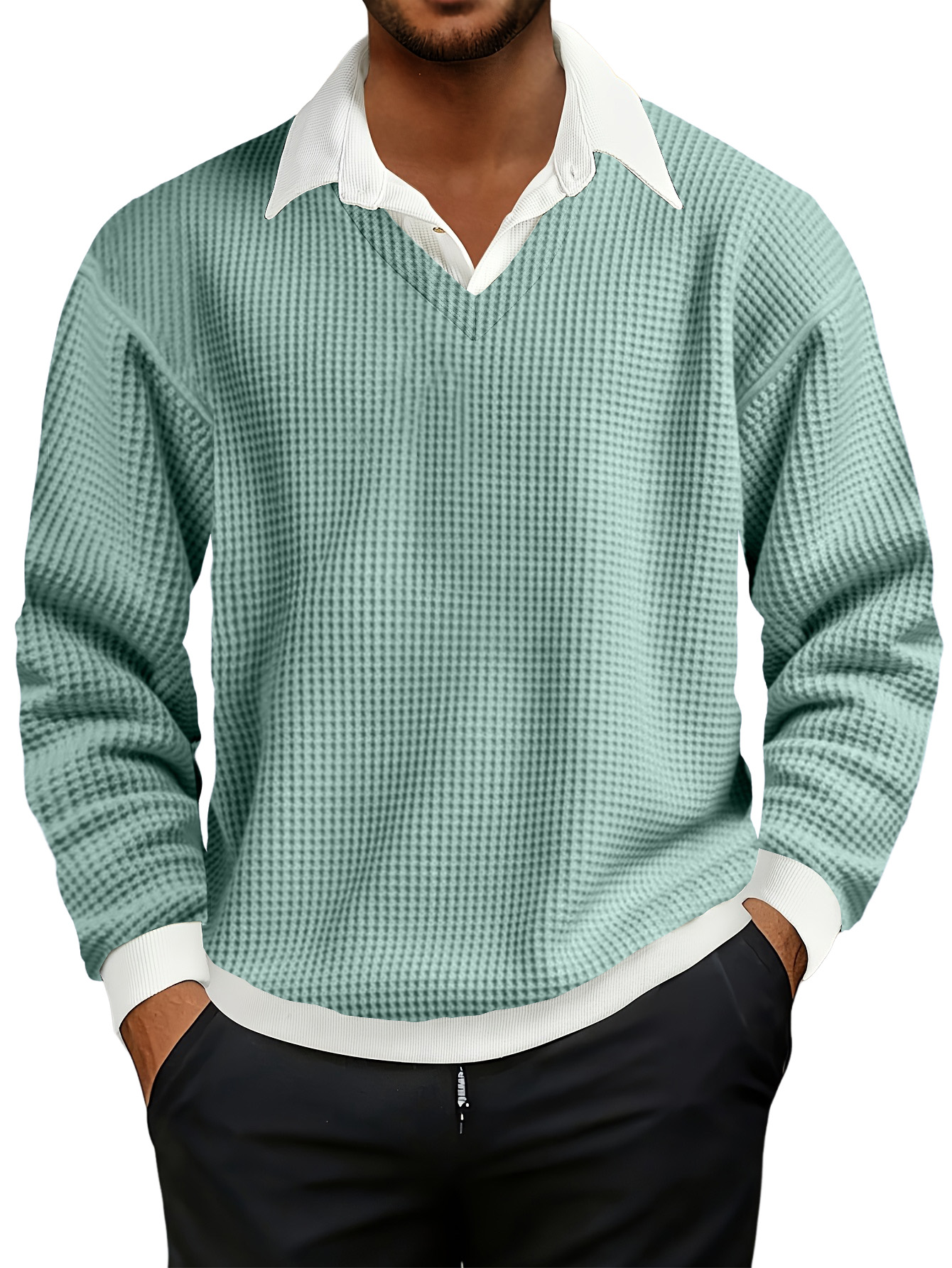 Men's Fashionable Casual Waffle Faux Two-piece Polo Sweatshirt