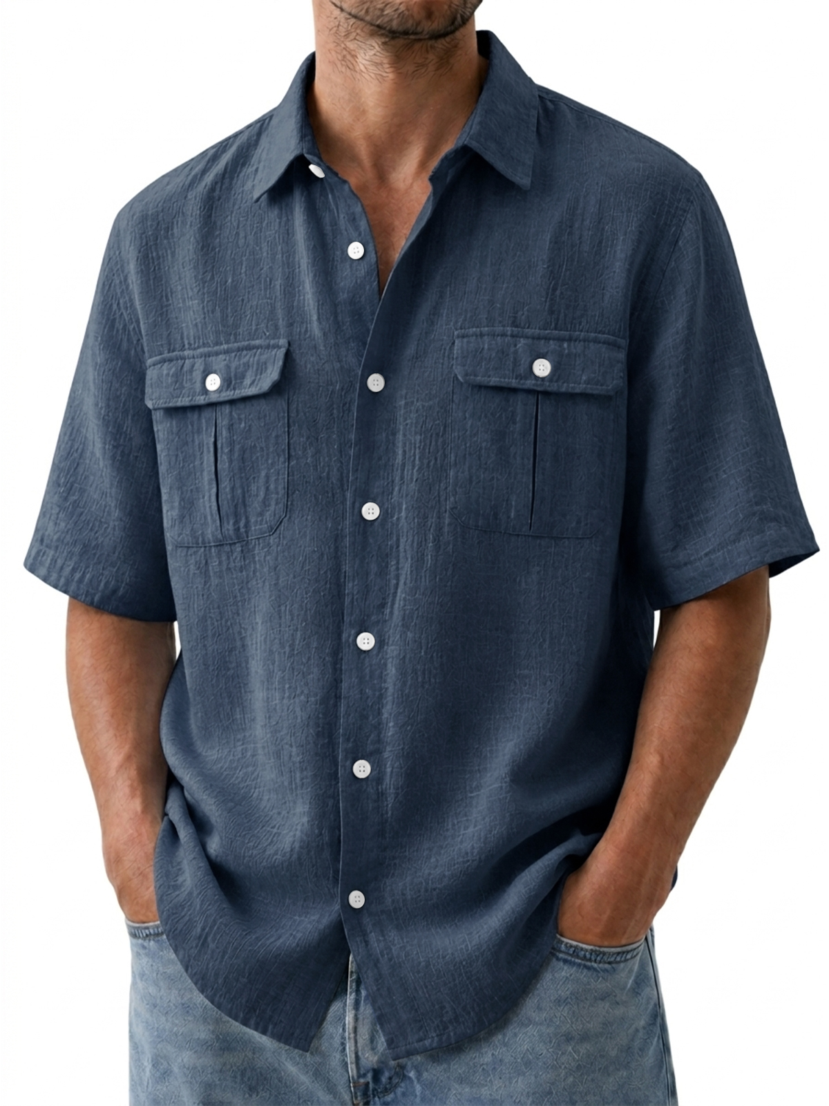 Men's Double Pocket Cotton Linen Casual Short Sleeve Shirt