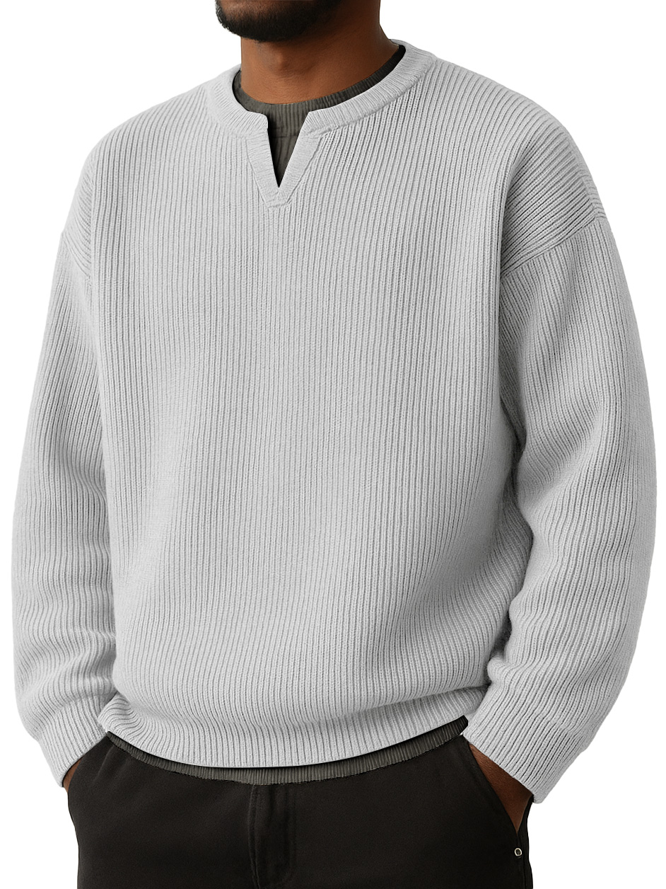 Men's Simple Striped Jacquard V-Neck Faux Two-Piece Casual Long-Sleeve T-Shirt