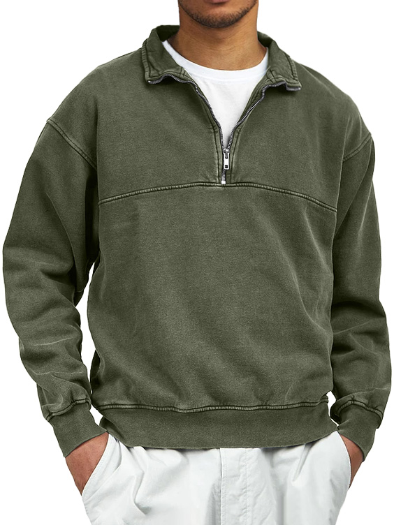 Men's Retro Distressed Quarter Zipper Stand Collar Long-Sleeve Sweatshirt