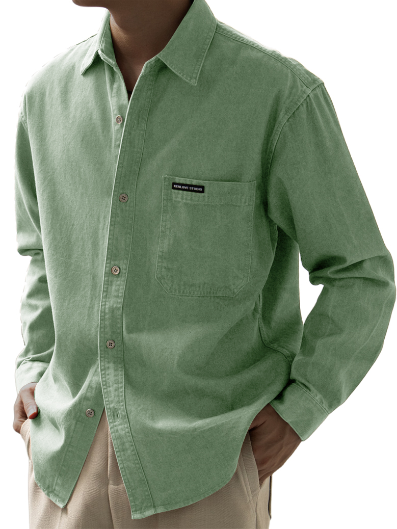 Men's Basic Vintage Washed Pocket Logo Long Sleeve Shirt