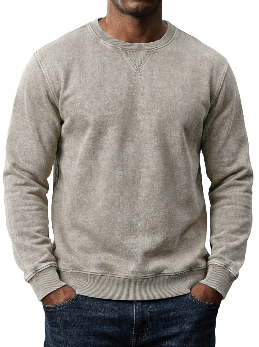 Men's Washed and Distressed Cotton Retro Crew Neck Long-Sleeve Sweatshirt