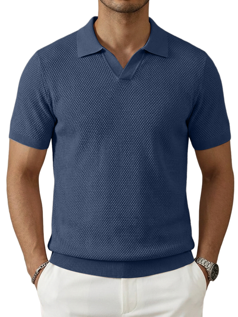 Pineapple-Texture Jacquard V-Neck Polo Shirt with Gull-Wing Collar