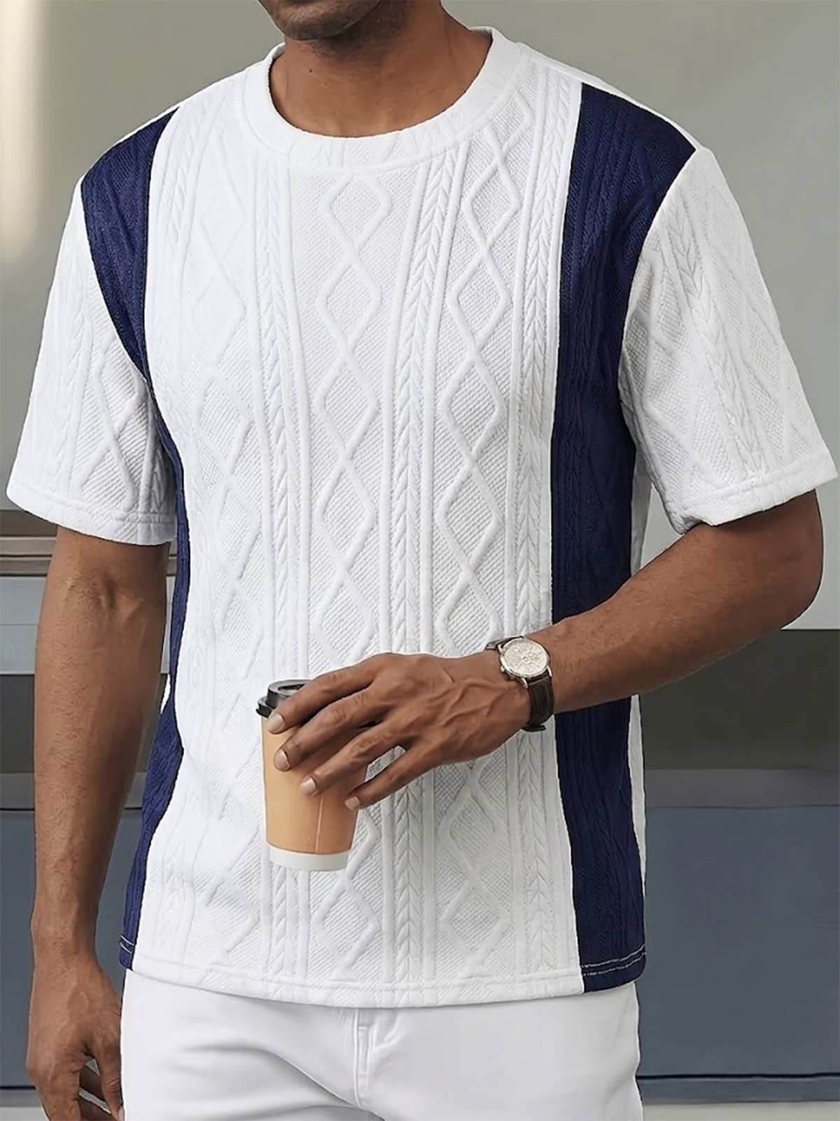 Men's Color Block Jacquard Textured Pullover Crew Neck T-Shirt