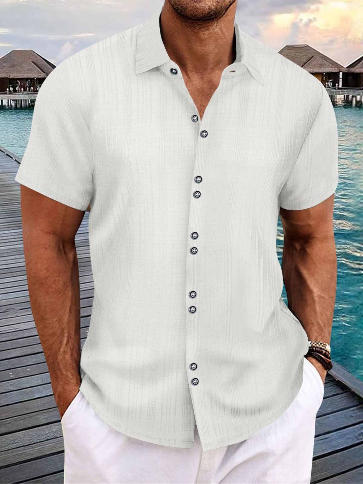Men's Slubbed Linen Texture Beach Casual Multi-Button Loose Short Sleeve Shirt
