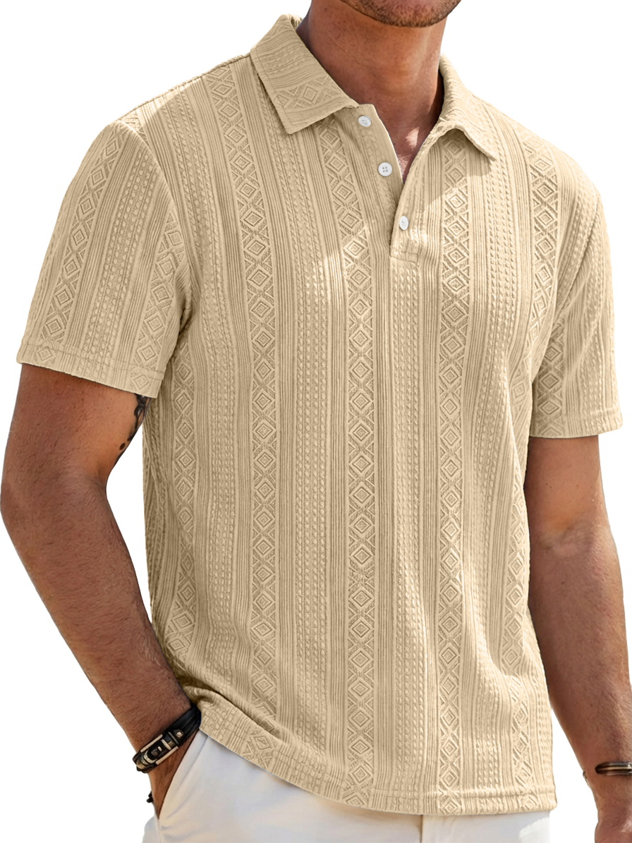 Men's Solid-Color Striped Jacquard Casual Short-Sleeve Polo Shirt