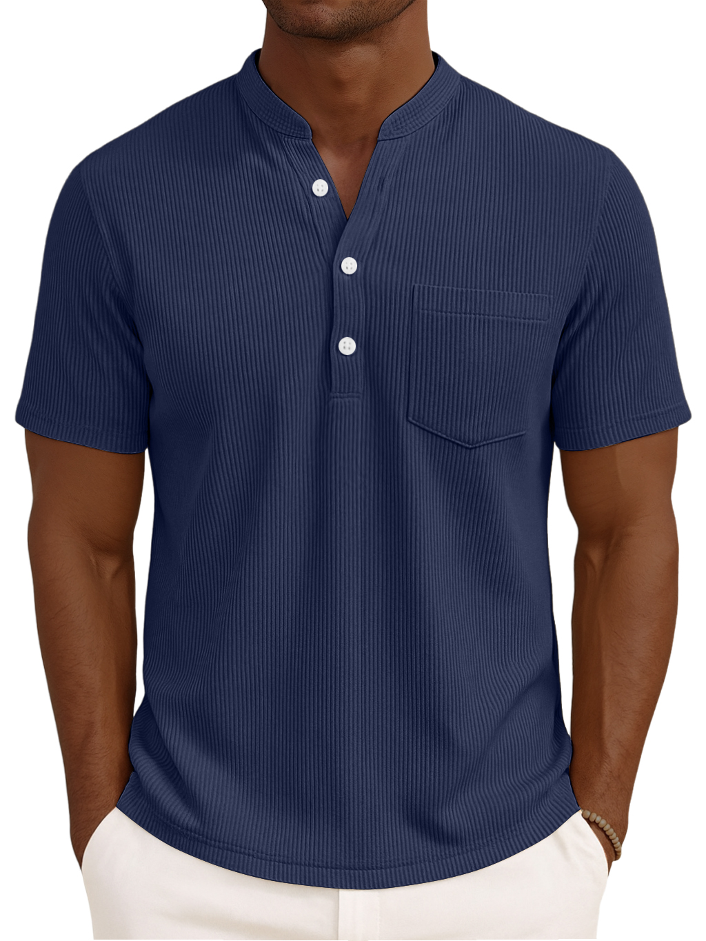 Men's Henley Collar Solid Color Loose And Comfortable Vertical Striped Pocket Short-sleeved Top
