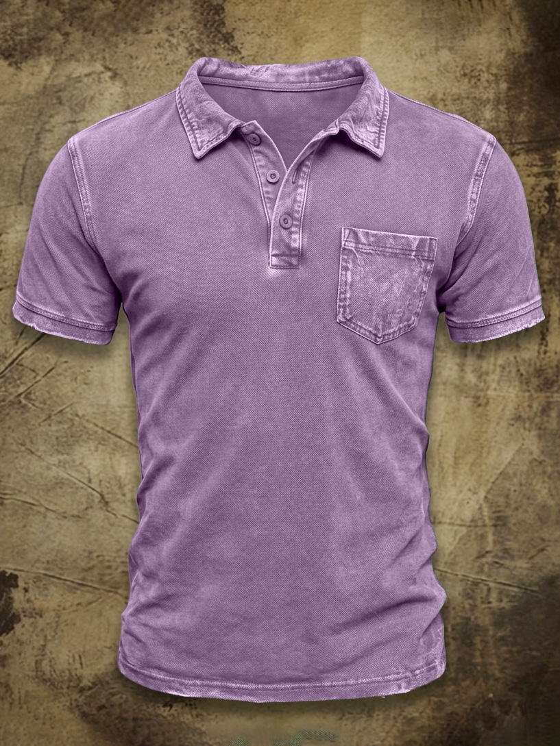 Men's Vintage Washed & Distressed Cotton Pocket Polo Shirt