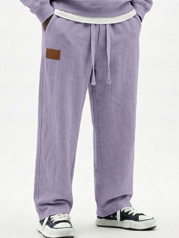 Men's Breathable Cotton-linen Textured Pants with Leather Embroidery Patchwork