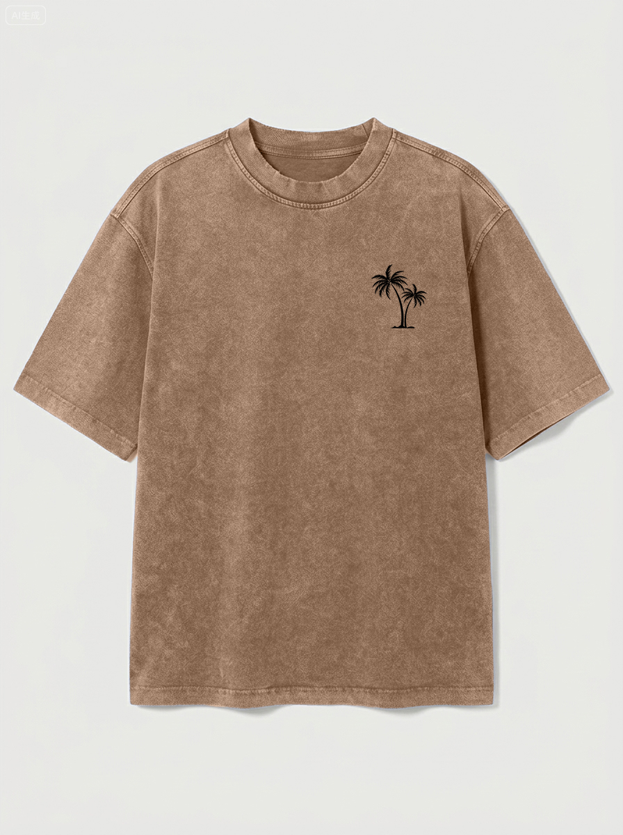 100% Cotton Vintage Washed & Distressed Crew-Neck Short-Sleeve T-Shirt with Palm Tree Print