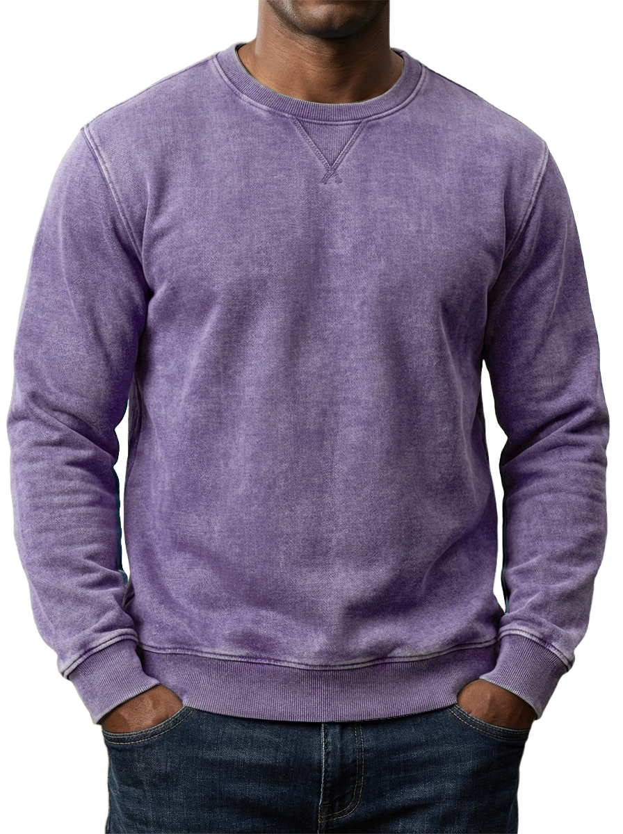 Men's Washed and Distressed Cotton Retro Crew Neck Long-Sleeve Sweatshirt