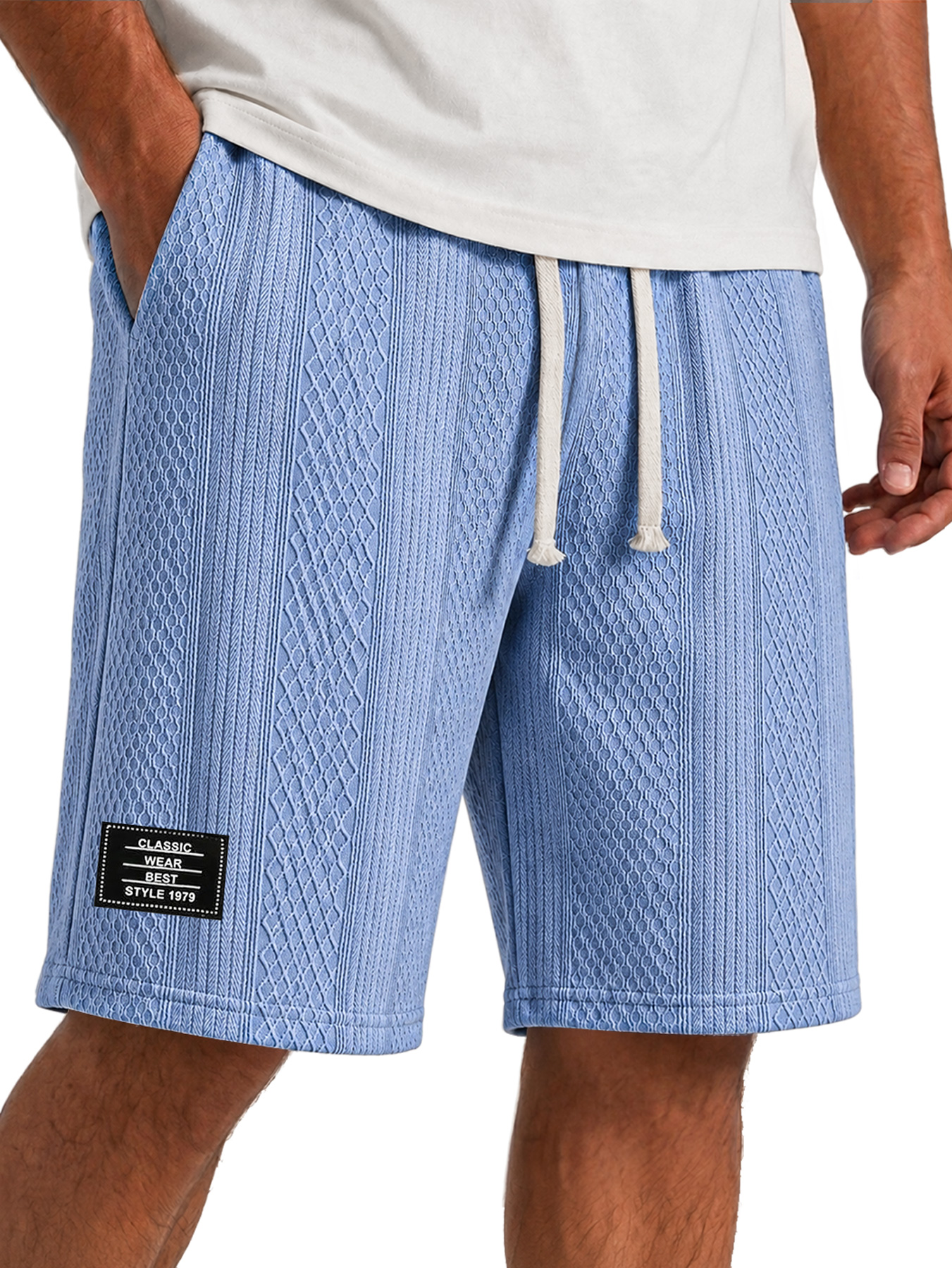 Men's Solid-Color Casual Shorts with Textured Embroidered Logo and Elastic Waist