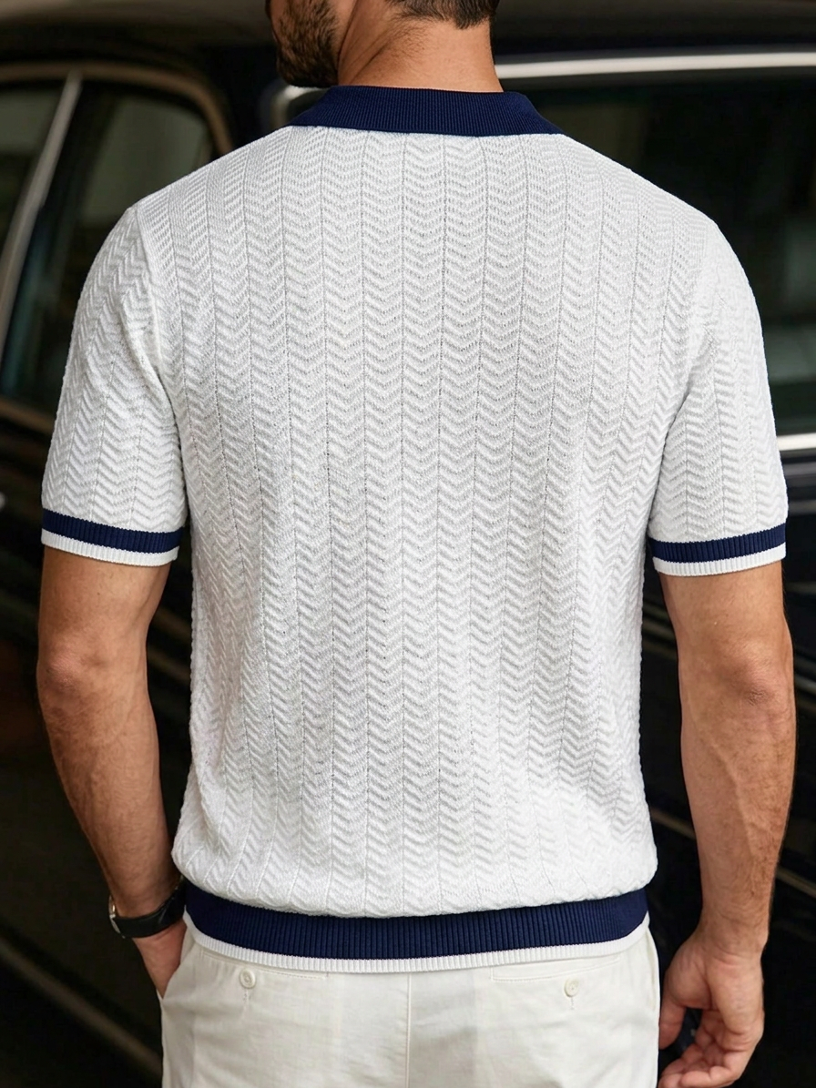 Men's Textured Knit Color-Block Seagull-Collar Top