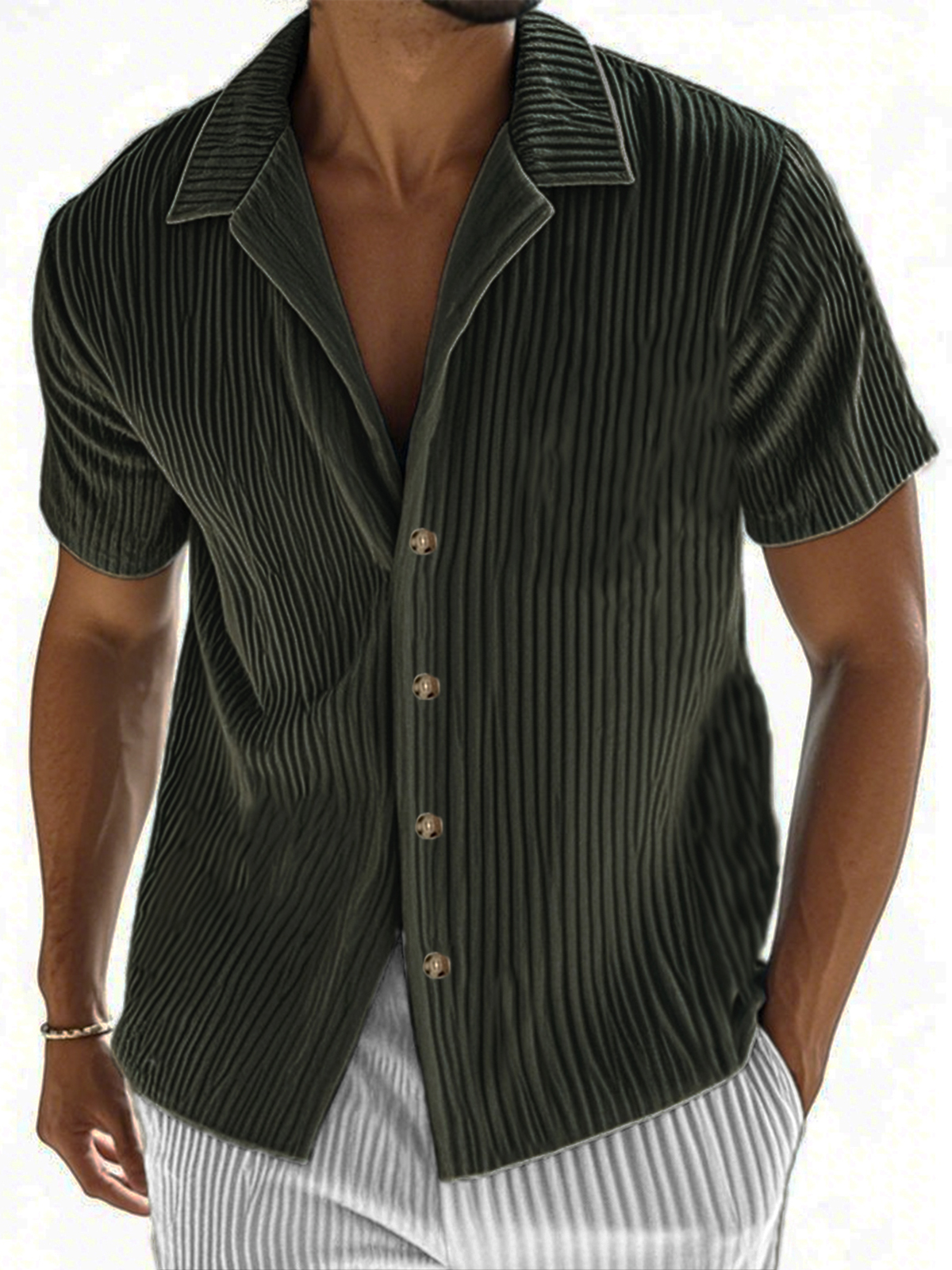 Men's Ribbed Vertical Striped Camp Collar Short-sleeved Lapel Shirt