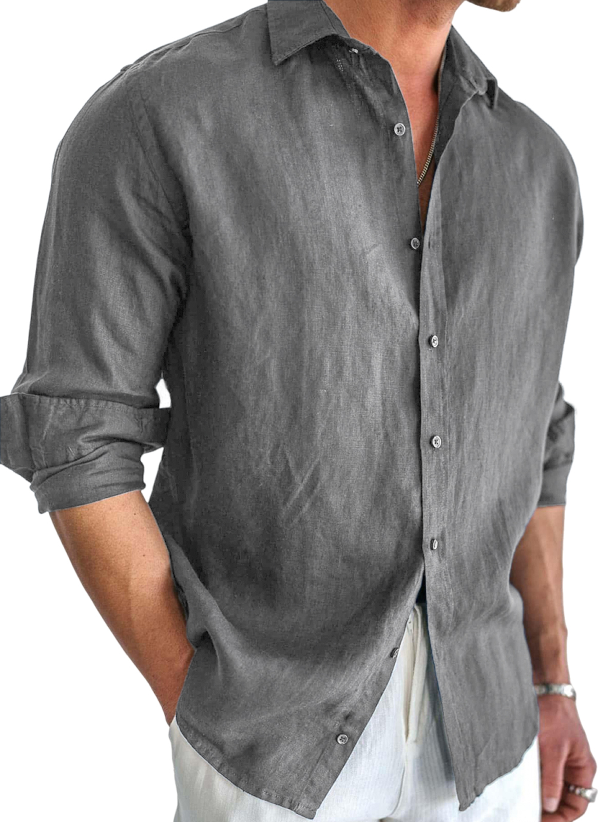 Men's Basic Cotton and Linen Long Sleeve Lapel Loose Button-down Cardigan Shirt