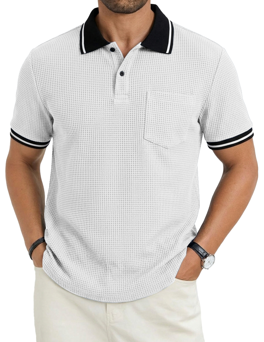 Men's Fashionable Casual Commuter Color-blocked Waffle Fabric Polo Shirt