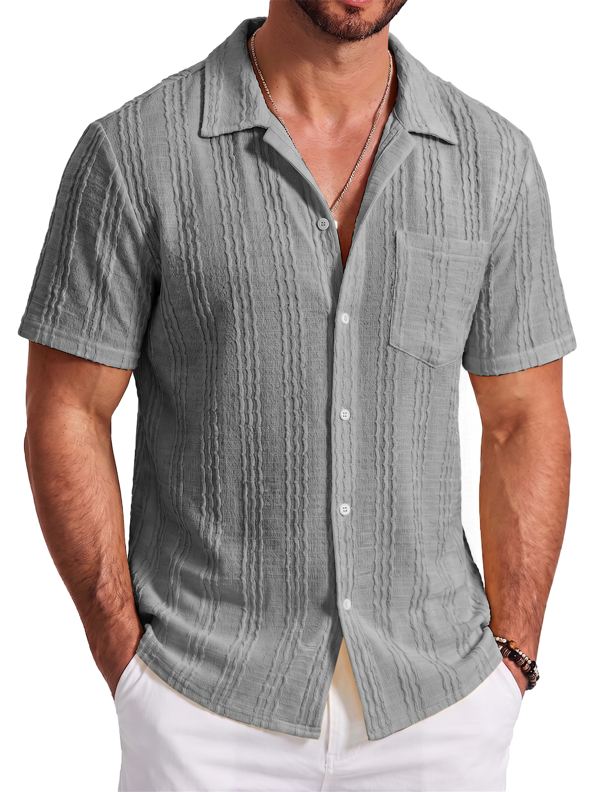 Men's Jacquard Striped Short Sleeve Shirt