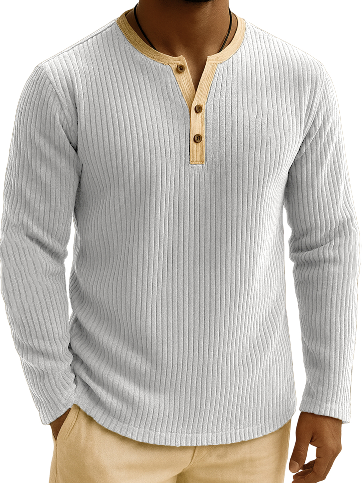 Men's Stylish Corduroy Ribbed Color-Block Henley Shirt