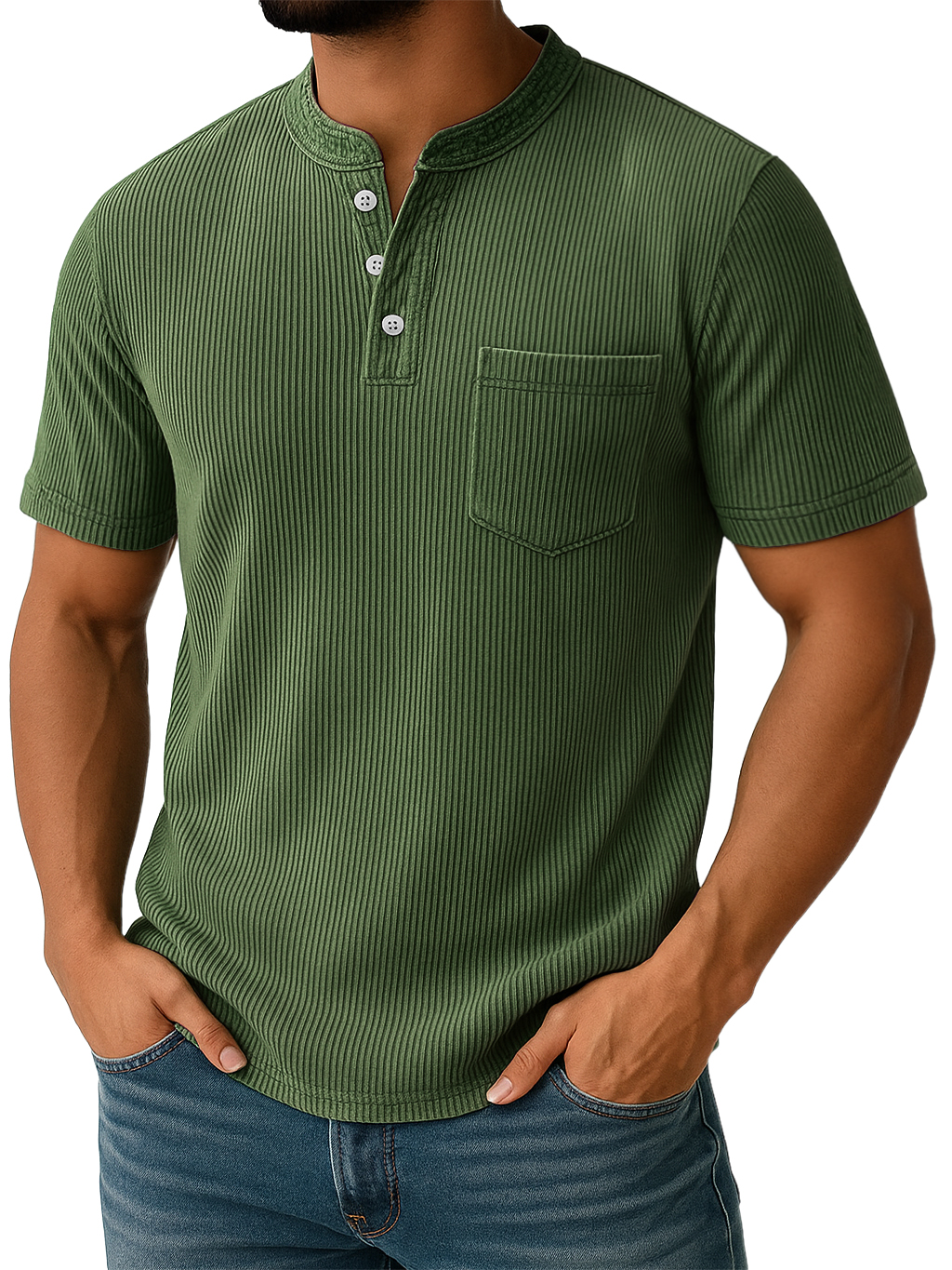 Men's Retro Stand-up Collar Ribbed Texture Vertical Stripe Pocket Casual T-shirt