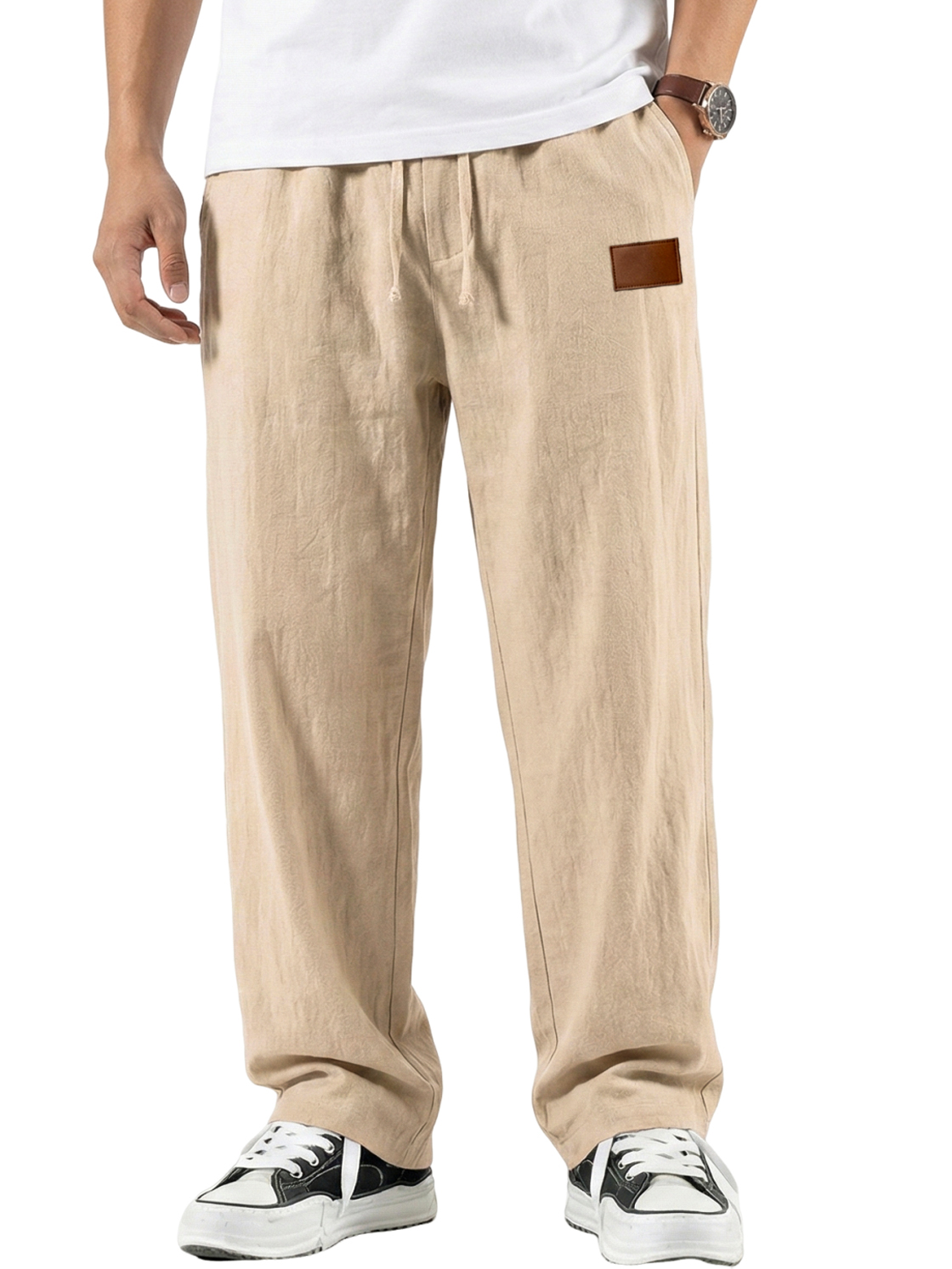 Men's Comfort Cotton-linen Breathable Pants with Embroidered Leather Labels