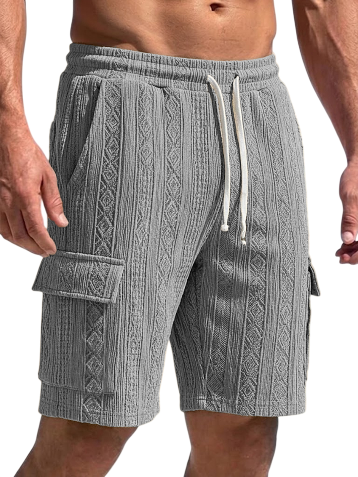 Men's Jacquard Retro Multi-pocket Casual Drawstring Shorts