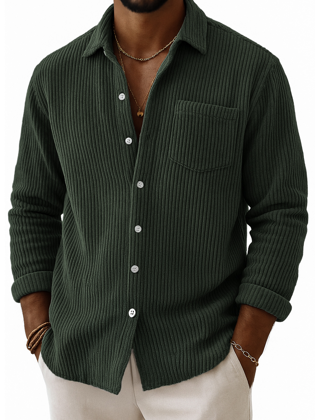 Men's Stylish Corduroy Ribbed Long-Sleeve Shirt with Chest Pocket