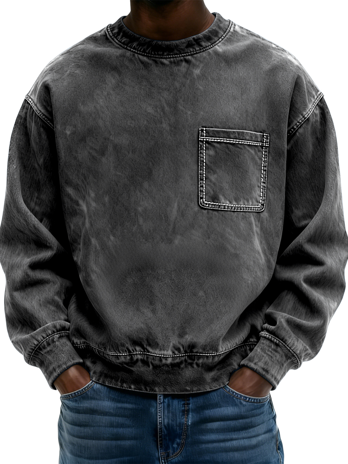 Men's Vintage Distressed Crew Neck Long-sleeved Top with Pockets