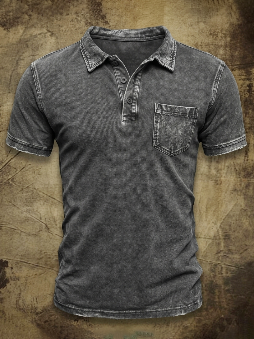 Men's Vintage Washed & Distressed Cotton Pocket Polo Shirt