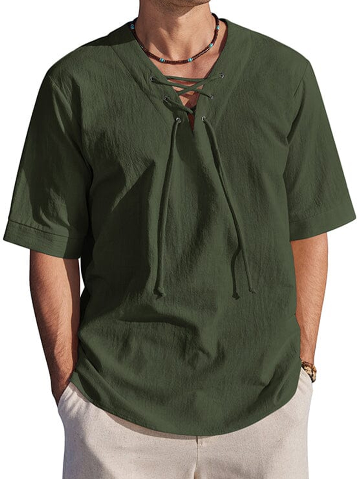 Men's Holiday Tie-Drape Hollow Neck Linen Casual Short Sleeve T-Shirt
